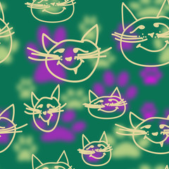 Seamless pattern with outline cat faces and blurry cat footprints. Light yellow and lilac on a green background.