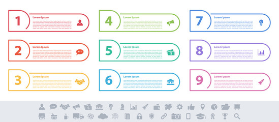 Infographic design business concept vector illustration with 9 steps or options or processes represent work flow or diagram or web button banner