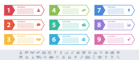 Infographic design business concept vector illustration with 9 steps or options or processes represent work flow or diagram or web button banner