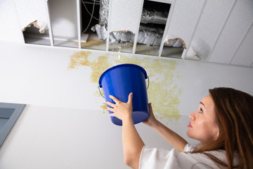 Woman Holding A Blue Bucket Under The Leak Ceiling