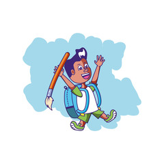 cute little student boy with bag school and paint brush