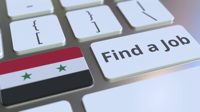 FIND A JOB text and flag of Syria on the buttons on the computer keyboard. Employment related conceptual 3D animation