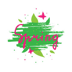 Spring lettering with grunge texture,leaves and butterflies. Template for greeting card, banner, poster, etc.In pink and green colors on white background. Vector illustration.