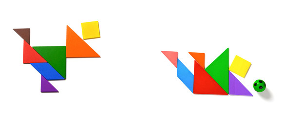 tangram shaped as a person shooting soccer and the goalkeeper trying to catch the ball