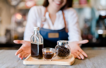 Professional woman Barista present coffee set at front counter serving coffee cup to customer occupation, part-time,job or owner business working woman happy selling and making drink beverage