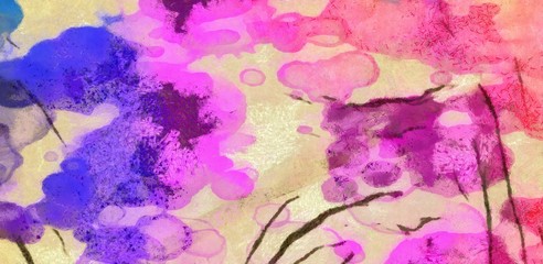 Watercolor abstract background on oil vintage paper. Colorful splashes of paint, chaotic bright spots. Pretty wallpaper and texture.
