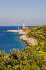 Fototapeta na wymiar Lighthouse Stoncica in Island Vis, Splitsko-Dalmatinska, Croatia.