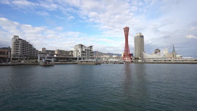 Static shot of a harbor view in Kobe City Japan. Low angle.