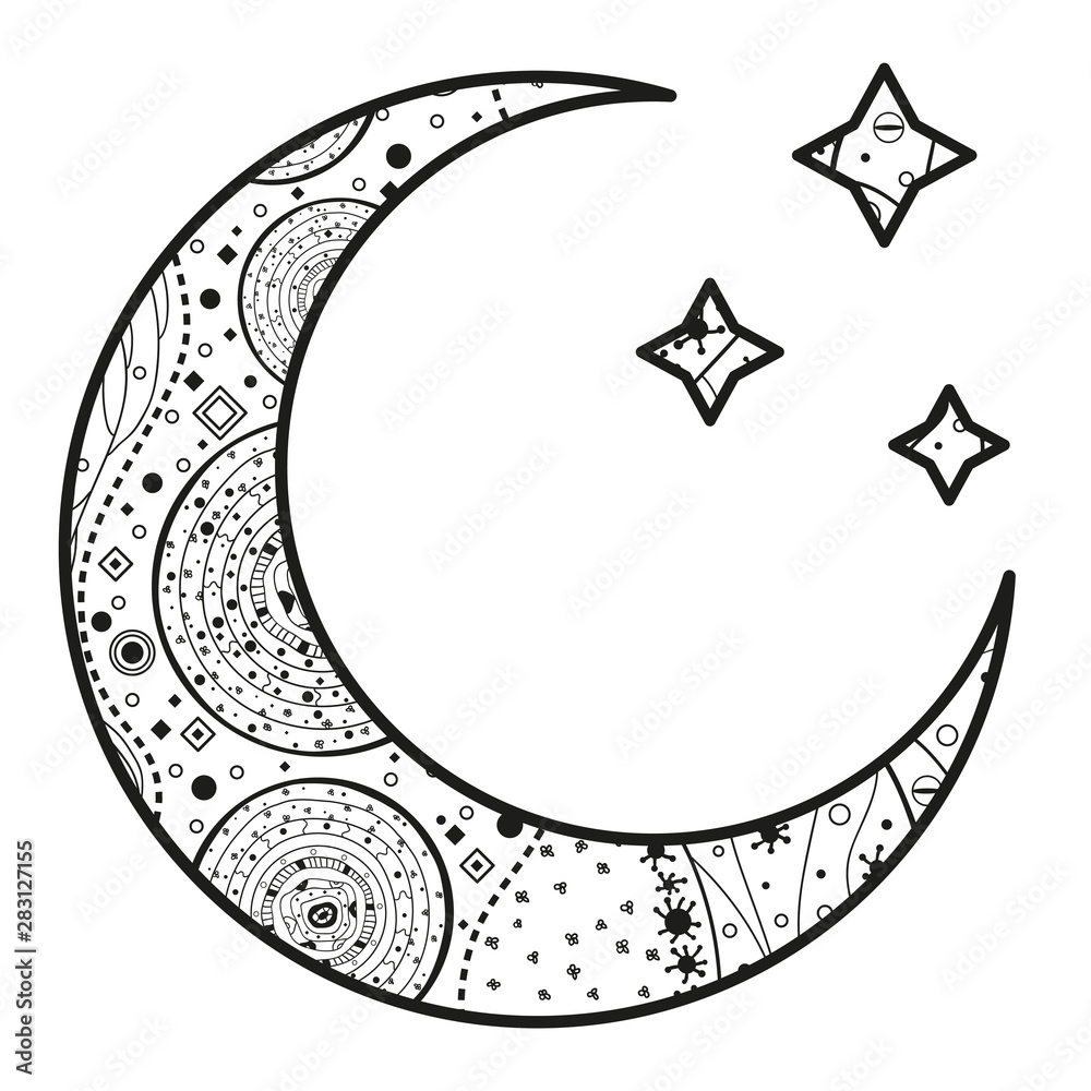 Sticker crescent moon with stars with abstract patterns on isolation background. design for spiritual relaxa