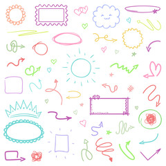 Hand drawn colorful signs on isolated white background. Abstract shapes and symbols. Sketchy elements for design
