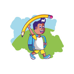 cute little student boy with bag school and pencil