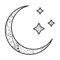 Crescent moon with stars with abstract patterns on isolation background. Design for spiritual relaxation for adults. Black and white illustration for anti stress colouring page