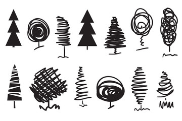 Monochrome trees and christmas trees on white. Decorative objects of nature for your design. Black and white illustration