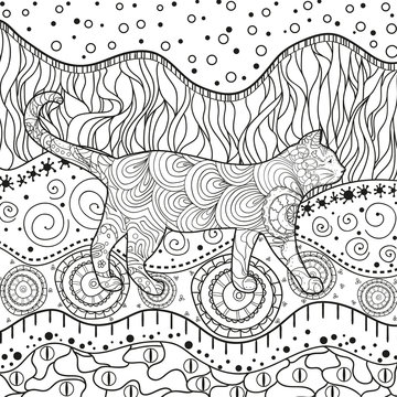 Abstract eastern pattern with ornate cat. Hand drawn abstract patterns on isolation background. Design for spiritual relaxation for adults. Black and white illustration