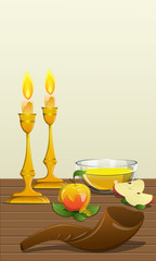 Bowl of honey with apples and candles, representative elements of the Jewish year