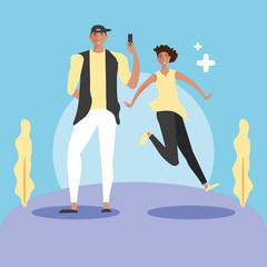 young couple with smartphone in landscape