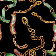 Chain and leather belt sketch fashion glamour illustration in a watercolor style. Seamless background pattern.
