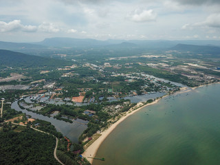 Aerial view of Phu Quoc coastline little village during grey clouded day.  Vietnam.