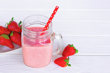 Strawberry smoothies colorful fruit juice beverage healthy the taste yummy In glass drink episode morning on white background.