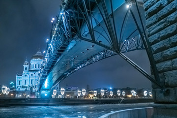 Christ the Savior Cathedral. church by the night river. Church on the waterfront. Bridges of Moscow.Embankment near the church.Russian Federation.Photos of the Cathedral of Christ the Savior at night.