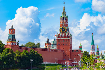 Spassky tower summer day. The walls of the Kremlin. The central square of Moscow. Moscow time. Red...