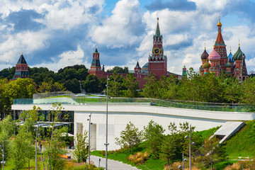 Obraz premium Zaryadye Park in Moscow.The Red Square. Cathedral Basil's Cathedral in Moscow. Cities of Russian Federation. Zaryadye on a summer day. Panorama the Kremlin. Spassky tower. Russia in the summer