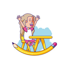 little student girl sitting in school desk with pencil