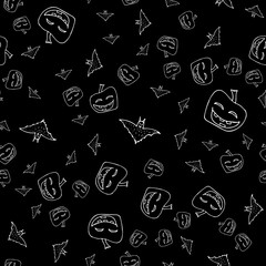 Bat and pumpkin seamless Halloween outline in the abstract style. Bats and pumpkins seamless pattern Halloween outline on black background. Holiday decoration. Line vector. Doodle wallpaper