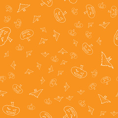 Bat and pumpkin seamless Halloween outline in the abstract style. Bats and pumpkins seamless pattern Halloween outline on orange background. Holiday decoration. Line vector. Doodle wallpaper