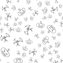 Bat and pumpkin seamless Halloween outline in the abstract style. Bats and pumpkins seamless pattern Halloween outline on white background. Holiday decoration. Line vector. Doodle wallpaper