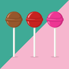 Lollipop Candy Flat Style Isolated With Background Vector Icon Illustration Chocolate, Strawberry, Vanilla Candy Symbols