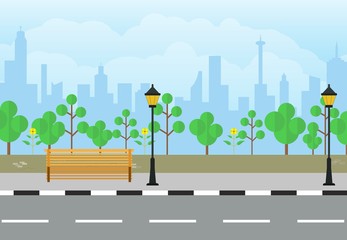 street Flat style illustration with lamp, chair, and trees