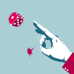 Hand playing dice, gambling behavior. Isolated on blue background.