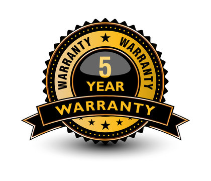 High quality 5 year warranty golden and blackish badge, label, sign with ribbon isolated on white background. 