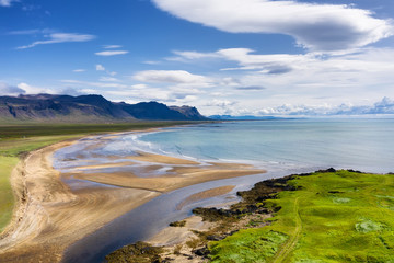 Iceland. Aerial view on the coastline and ocean. Landscape in the Iceland at the day time. Famous place in Iceland. Landscape from drone. Travel - image