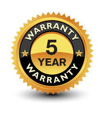 Golden color powerful 5 year warranty badge, seal, sign, label isolated on white background.