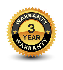 Golden color powerful 3 year warranty badge, seal, sign, label isolated on white background.