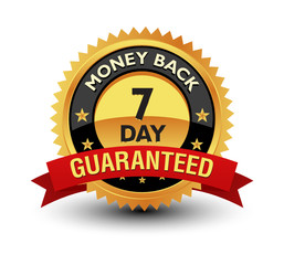 Golden color powerful 7 day money back guaranteed badge, seal, sign, label with red ribbon isolated on white background.