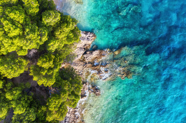 Naklejka na ściany i meble Croatia. Coast as a background from top view. Turquoise water background from top view. Summer seascape from air. Travel - image