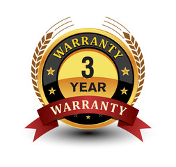 Powerful 3 year warranty badge, seal, sign, label with red ribbon and laurel behind isolated on white background.