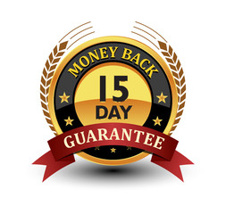 Powerful 15 day money back guarantee badge, seal, sign, label with red ribbon and laurel behind isolated on white background.