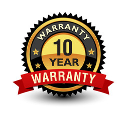 Powerful 10 year warranty badge, sign, label, seal with red ribbon on top.