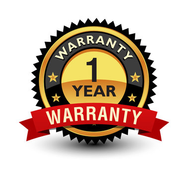 Powerful 1 year warranty badge, sign, label, seal with red ribbon on top.
