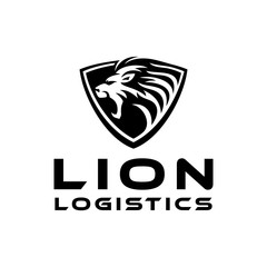 Illustration of a savage lion head silhouette in a shield logo design