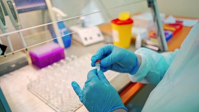 Laboratory assistant working with vials in clinic. Medical worker drops liquid into test tubes from small plastic jar.