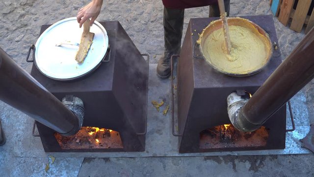 very rare video of traditional polenta in Rango Trentino town in Italy