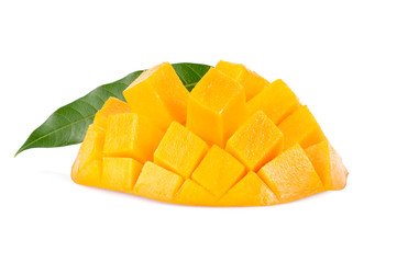 sliced of mango R2E2 fruits with leaf isolated on white background.