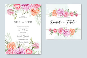 watercolor wedding invitation card with beautiful floral and leaves