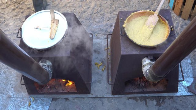 very rare video of traditional polenta in Rango Trentino town in Italy