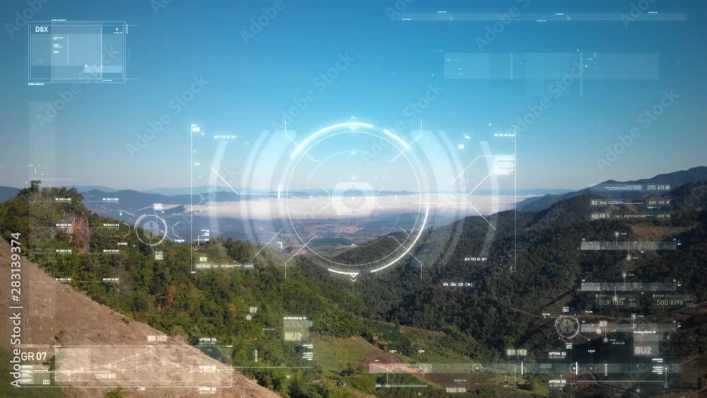 Poster drone shot flying aerial view with user interface text graph bar and target pointer element futurist